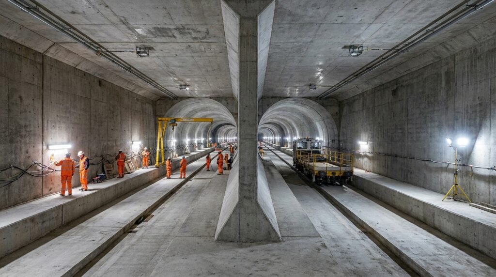 Interior do túnel mostra duas galerias ferroviárias separadas por uma parede central de concreto.