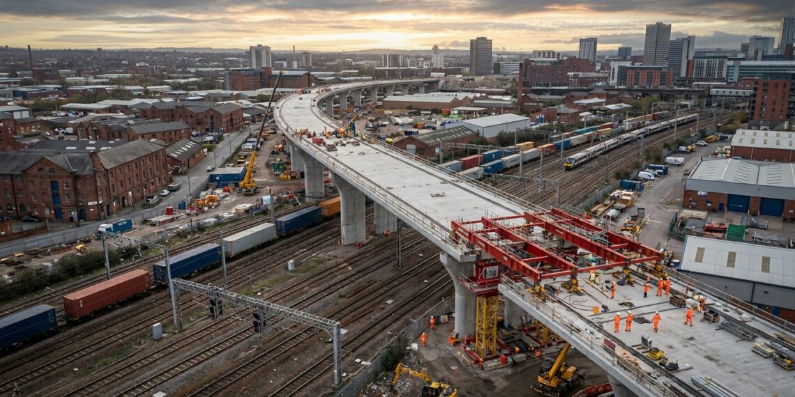 Representação aérea de um grande viaduto ferroviário curvo em construção sobre seis linhas de trem em Birmingham, na Inglaterra.