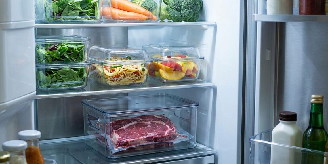 Carne crua descongelando em um recipiente fechado na prateleira inferior da geladeira, separada de outros alimentos.
