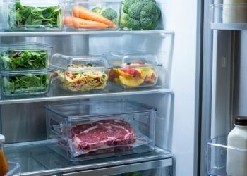 Carne crua descongelando em um recipiente fechado na prateleira inferior da geladeira, separada de outros alimentos.
