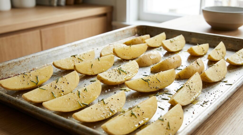Batatas cortadas em gomos, secas e distribuídas com espaço entre os pedaços em uma assadeira.