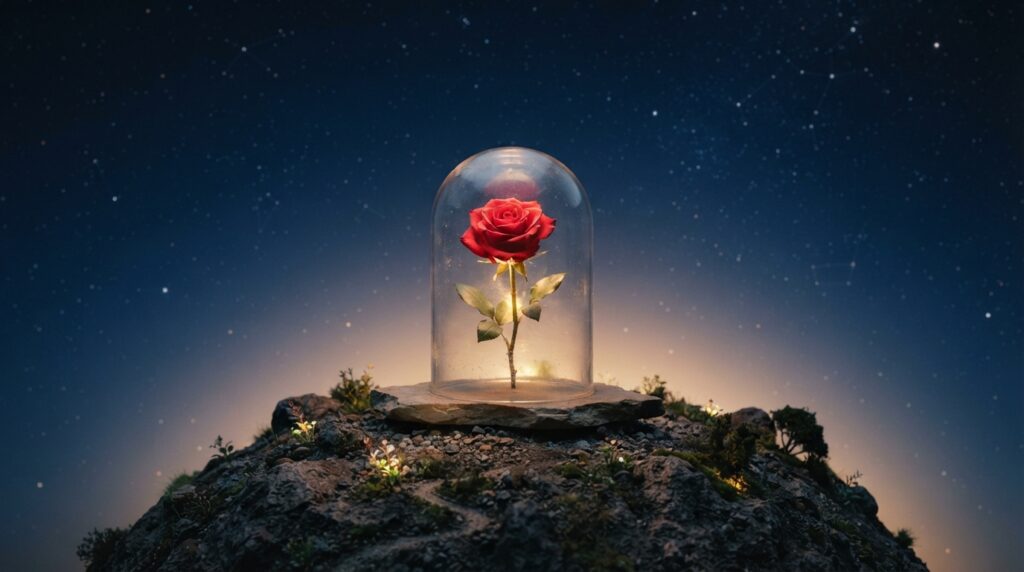Rosa vermelha sob uma redoma de vidro em um pequeno planeta, simbolizando o tempo e o cuidado dedicados ao amor.
