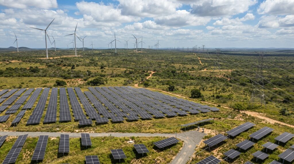 Parque solar e turbinas eólicas no Nordeste brasileiro próximos a uma linha de transmissão de eletricidade.