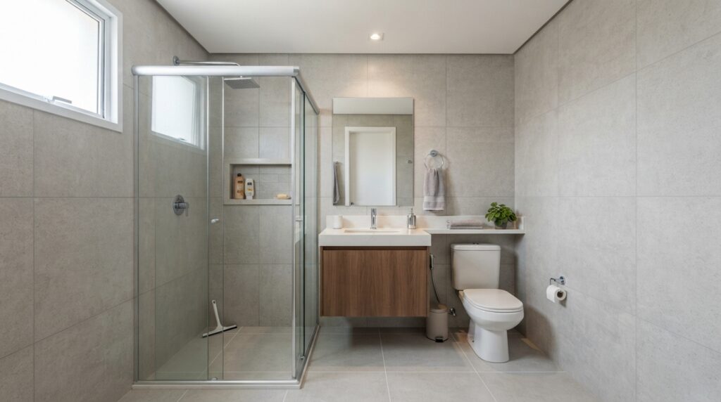 Banheiro pequeno reformado com porcelanato, bancada compacta, louças sanitárias e box de vidro.