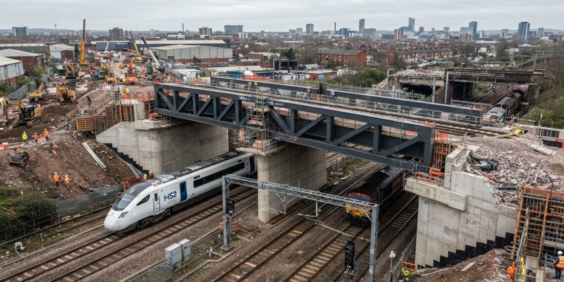 Nova ponte metálica elevada sobre linhas ferroviárias em Saltley, Birmingham, com trem elétrico passando sob a estrutura.