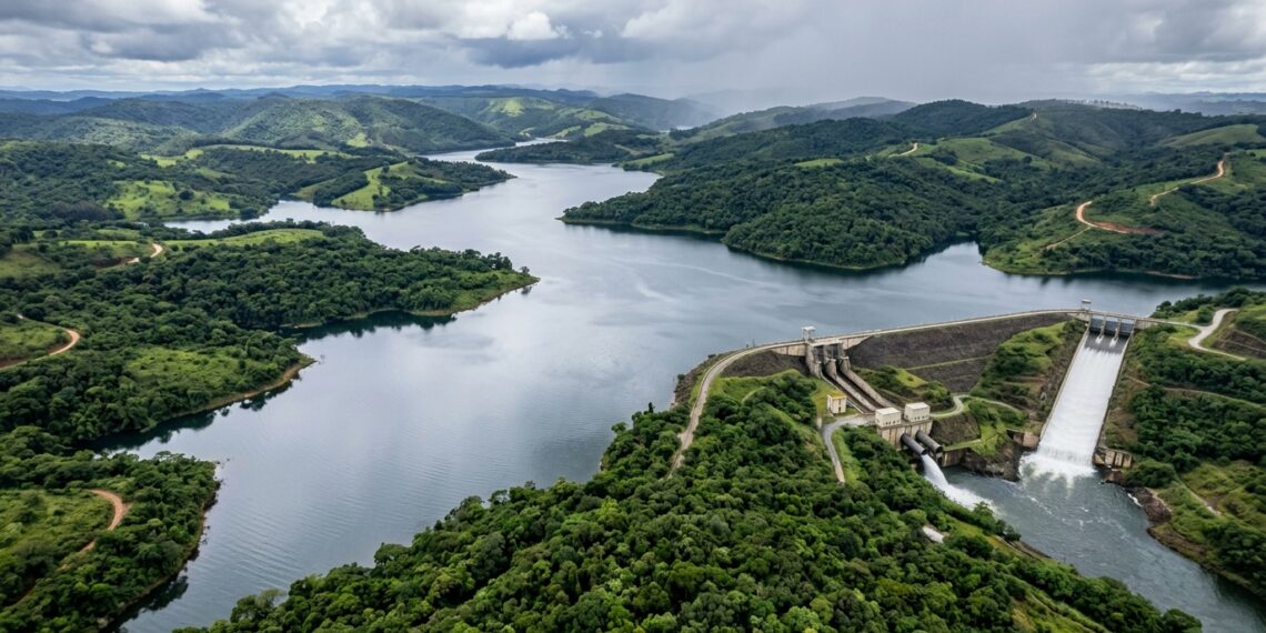 Grande reservatório cheio atrás da Barragem Duas Pontes durante o período chuvoso.