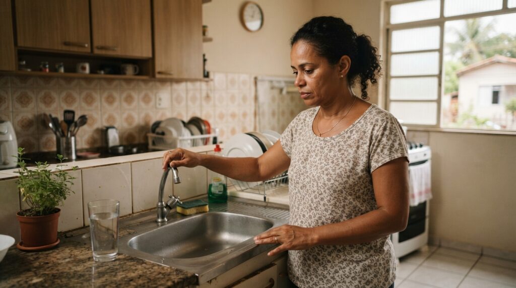 Morador verifica uma torneira sem água durante uma interrupção no abastecimento da residência.