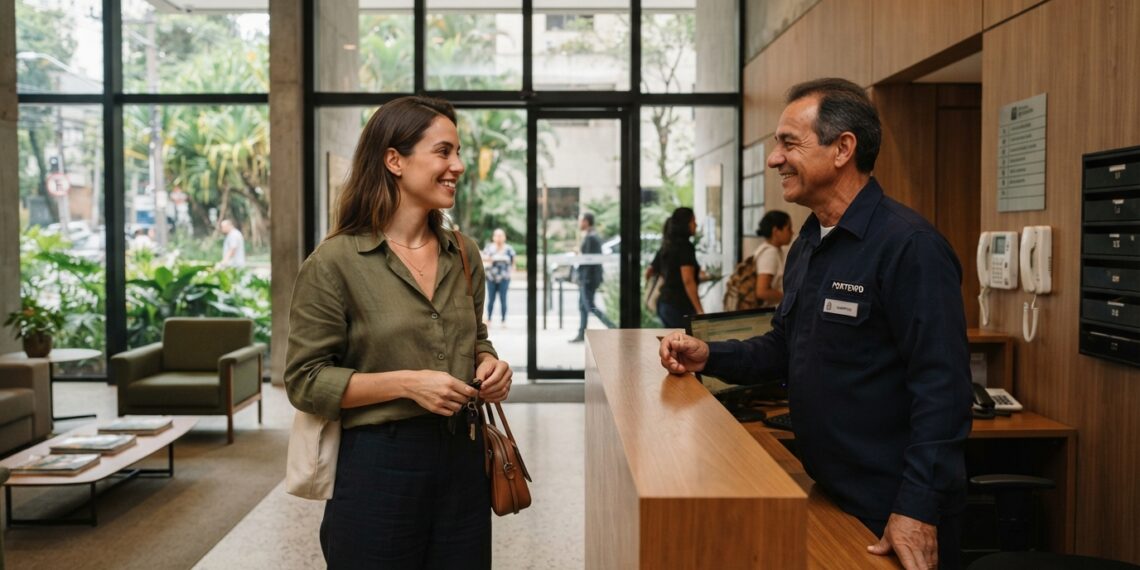 Morador conversa cordialmente com o porteiro na entrada de um prédio residencial.