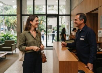 Morador conversa cordialmente com o porteiro na entrada de um prédio residencial.