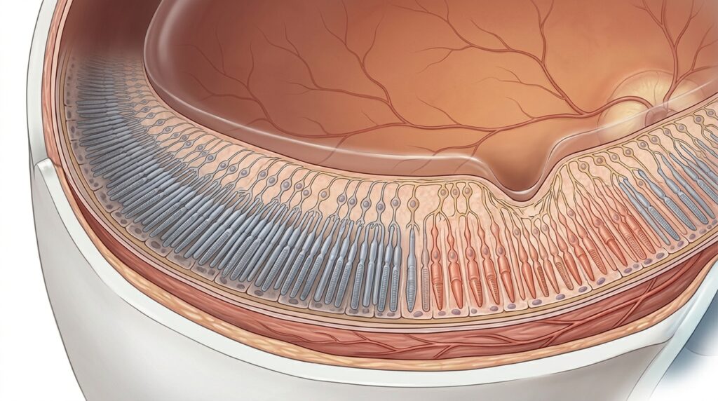 Corte da retina mostra comprometimento de bastonetes ligados à visão noturna e periférica.