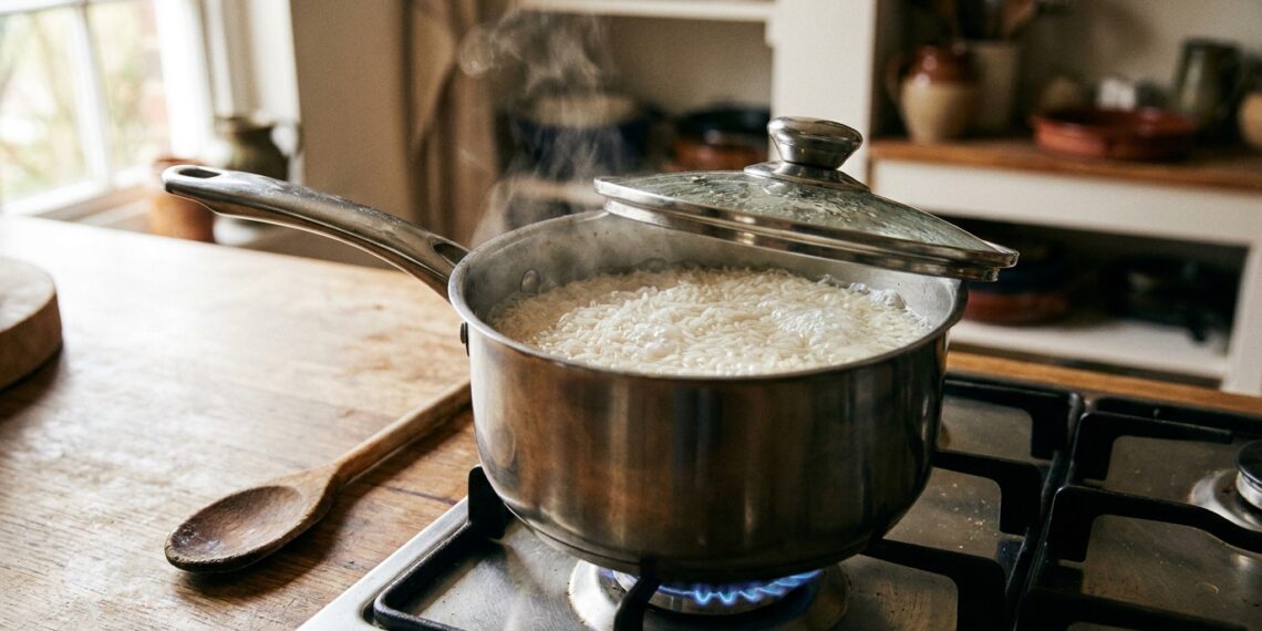 Arroz cozinhando em fogo baixo dentro de uma panela parcialmente tampada.
