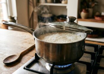Arroz cozinhando em fogo baixo dentro de uma panela parcialmente tampada.