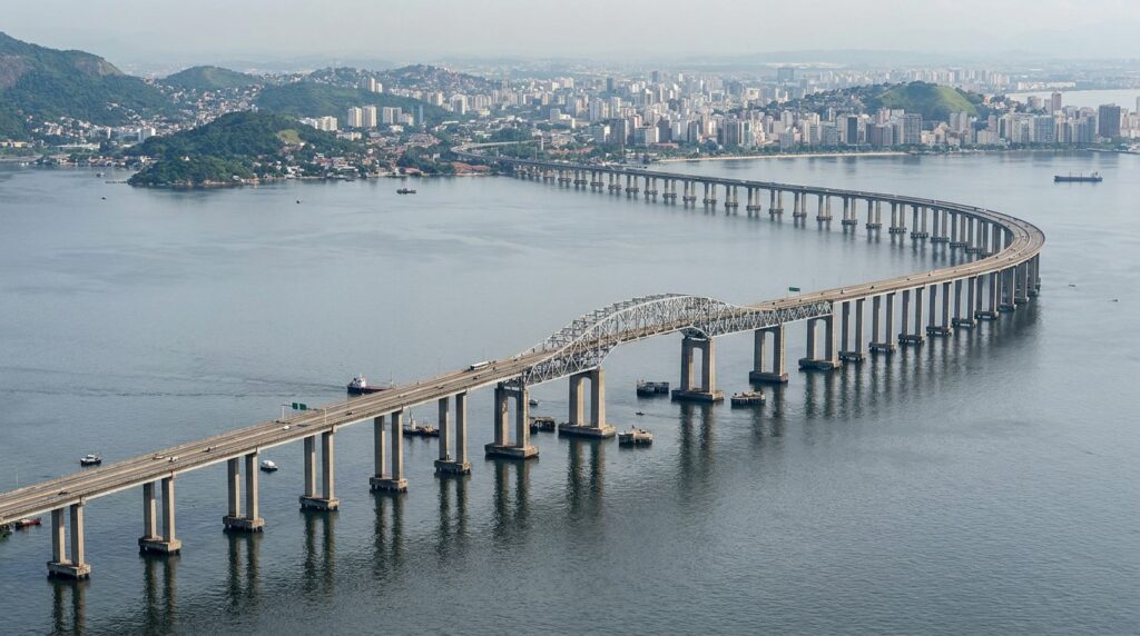 Pilares de concreto da Ponte Rio–Niterói sobre as águas da Baía de Guanabara, ilustrando os desafios da construção.