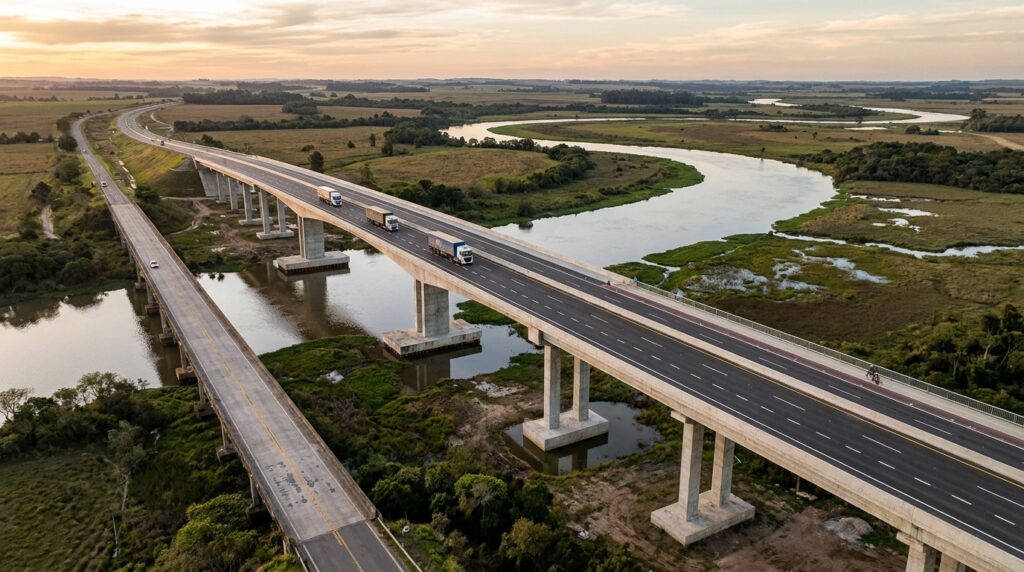Nova ponte de 680 metros sobre o Rio Camaquã mostra duas faixas, acostamento e passeio lateral.