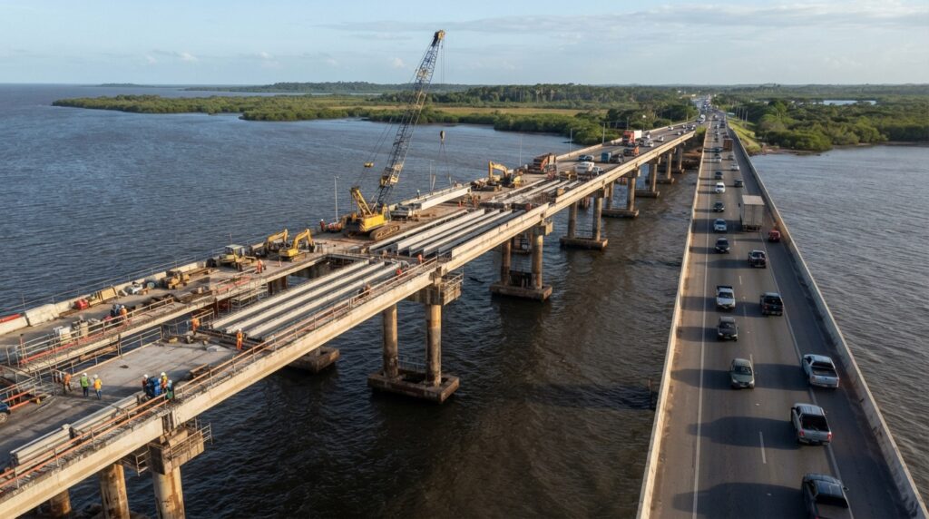 Caminhões e carros atravessam uma ponte rodoviária enquanto uma estrutura paralela passa por obras.
