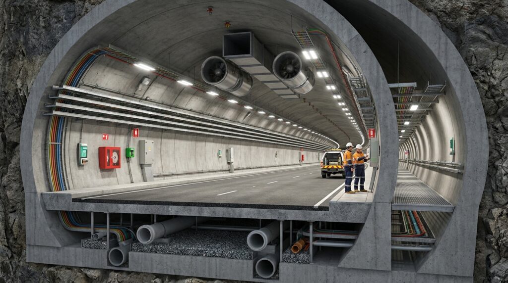 Corte mostra pavimento, ventilação, cabos e sistemas de segurança dentro do túnel.