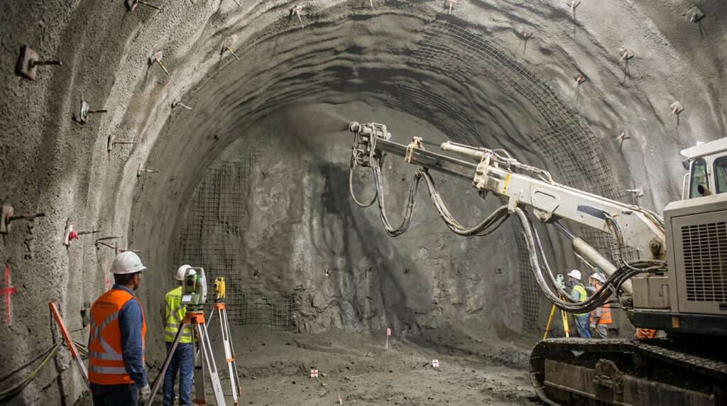 Braço robótico aplica concreto projetado sobre a rocha recém-escavada do túnel.