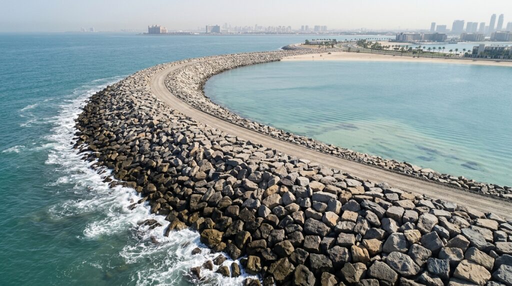 Quebra-mar de rochas protege a costa de uma ilha artificial em Dubai contra a energia das ondas.