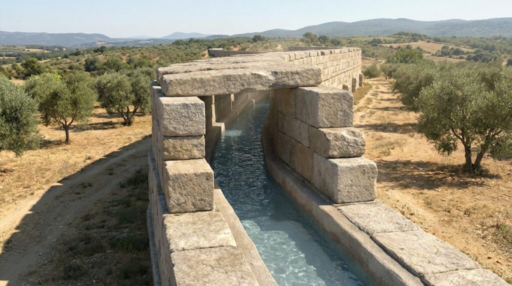 Canal de pedra de um aqueduto romano mostrando a inclinação suave que permitia o escoamento da água por gravidade.