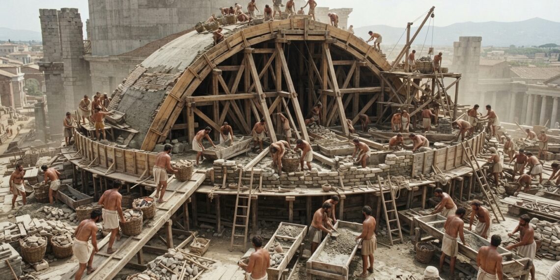 Reconstrução ilustrativa de trabalhadores romanos preparando concreto e organizando materiais para uma grande construção abobadada.