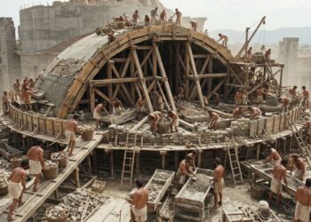 Reconstrução ilustrativa de trabalhadores romanos preparando concreto e organizando materiais para uma grande construção abobadada.