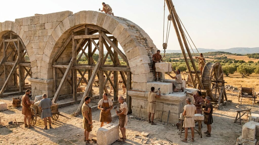 Reconstrução histórica de trabalhadores romanos montando um arco de aqueduto com andaimes de madeira, cordas e blocos de pedra.
