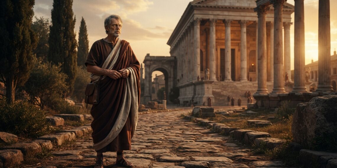 Filósofo romano em um caminho de pedra, em cena inspirada na coragem e na filosofia estoica.