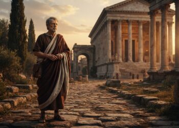 Filósofo romano em um caminho de pedra, em cena inspirada na coragem e na filosofia estoica.