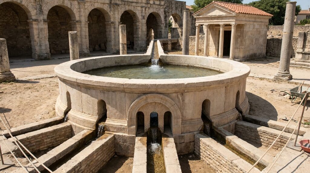 Reconstrução do castellum divisorium de Nîmes, estrutura romana destinada à distribuição de água para a cidade.