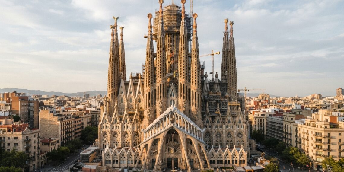 Basílica da Sagrada Família em Barcelona com suas torres centrais e detalhes arquitetônicos de pedra.