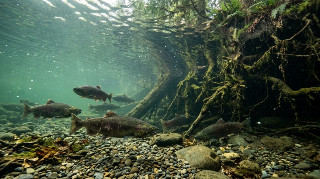 Salmões nadando em uma área de rio com troncos submersos, raízes e cascalho no leito.