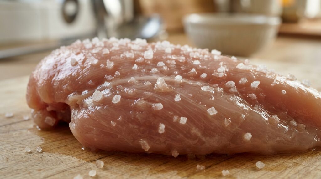 Cristais de sal sobre a superfície úmida de um peito de frango cru durante a preparação por salmoura seca.