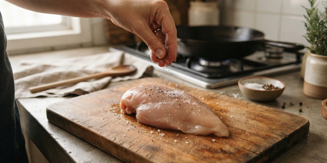 Mão espalha cristais de sal sobre um peito de frango cru em uma tábua de madeira antes do cozimento.