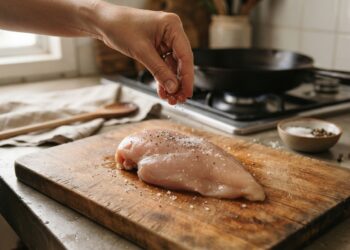 Mão espalha cristais de sal sobre um peito de frango cru em uma tábua de madeira antes do cozimento.