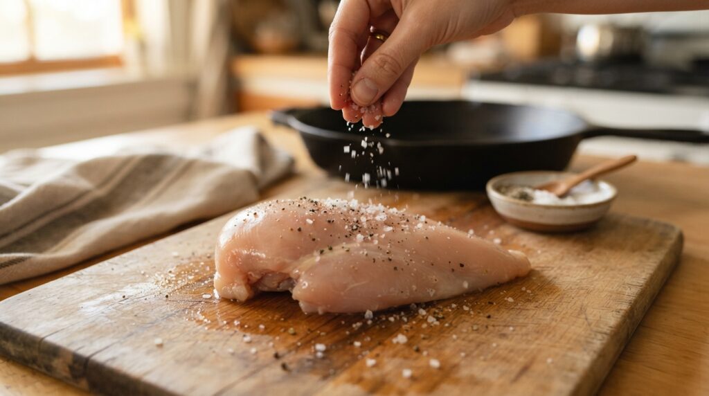 Pessoa tempera um peito de frango cru com sal em uma cozinha doméstica antes de deixá-lo descansar.