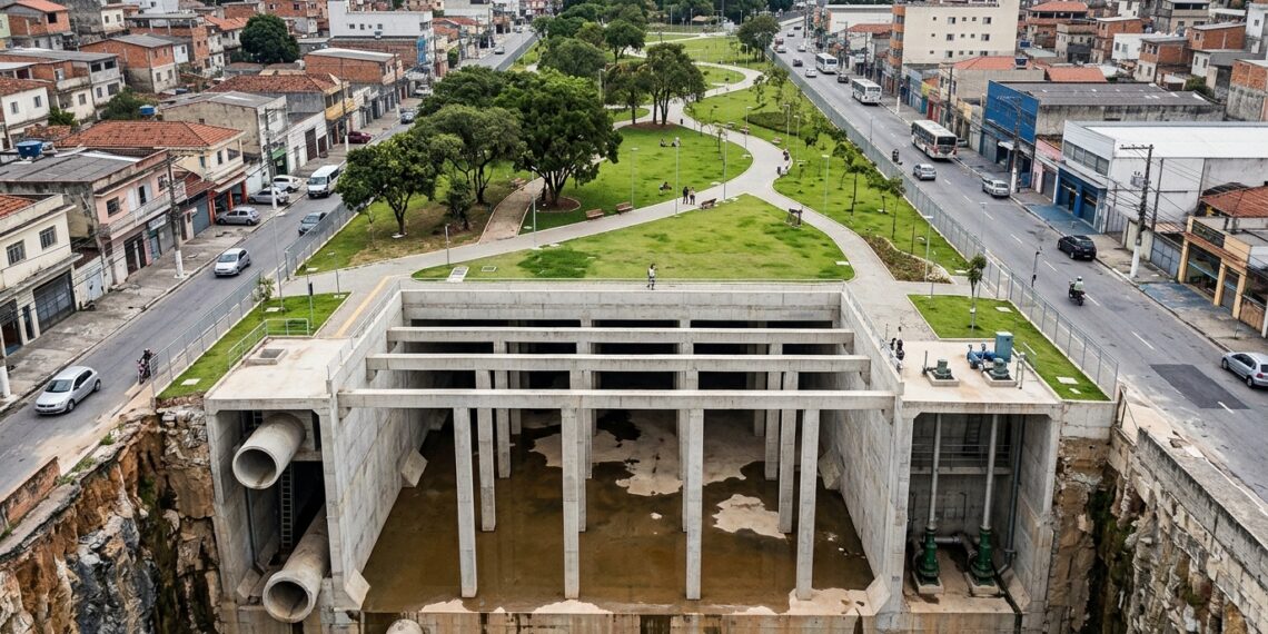 Corte mostra reservatório subterrâneo sob uma área verde em Itaquera, na Zona Leste de São Paulo.
