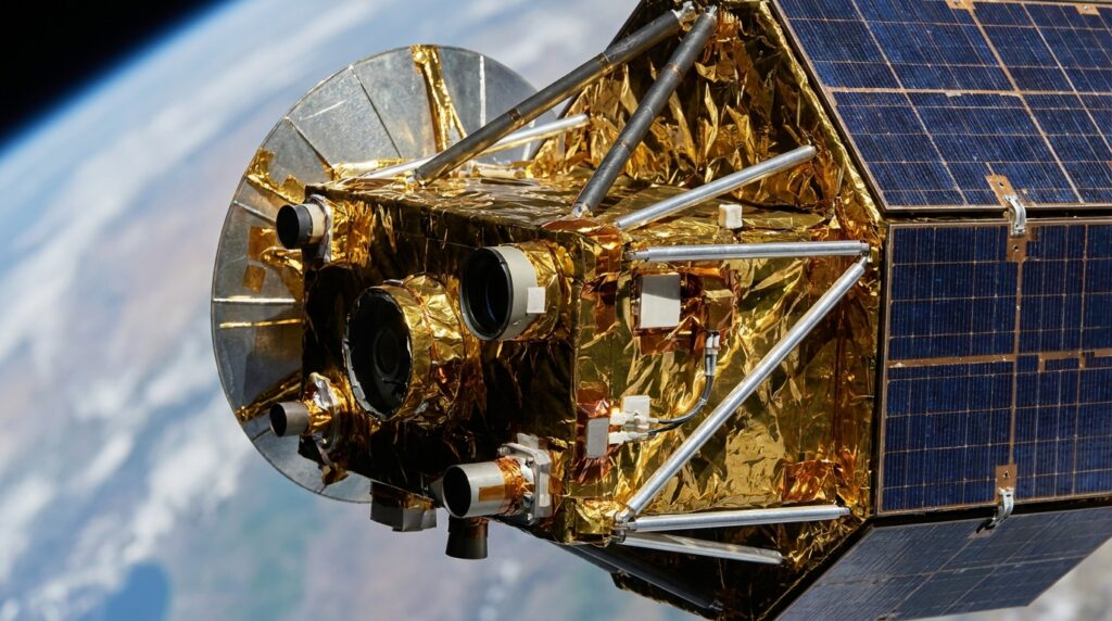 Detalhe dos painéis solares, antenas e componentes estruturais de um satélite artificial em órbita.