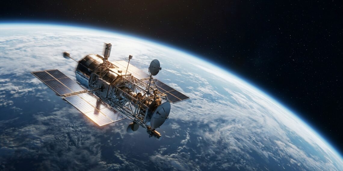 Satélite artificial com painéis solares orbitando a Terra, com o planeta e sua atmosfera ao fundo.