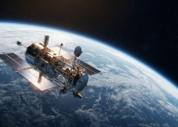 Satélite artificial com painéis solares orbitando a Terra, com o planeta e sua atmosfera ao fundo.