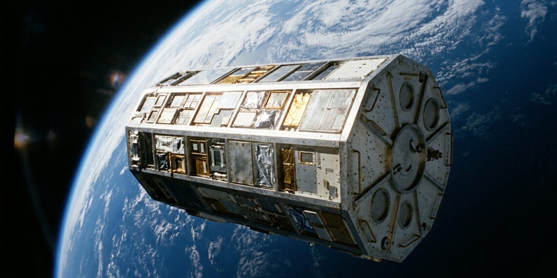 Satélite experimental LDEF da NASA em órbita da Terra, com estrutura metálica e compartimentos para experimentos científicos.