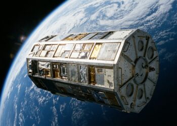 Satélite experimental LDEF da NASA em órbita da Terra, com estrutura metálica e compartimentos para experimentos científicos.