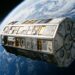 Satélite experimental LDEF da NASA em órbita da Terra, com estrutura metálica e compartimentos para experimentos científicos.