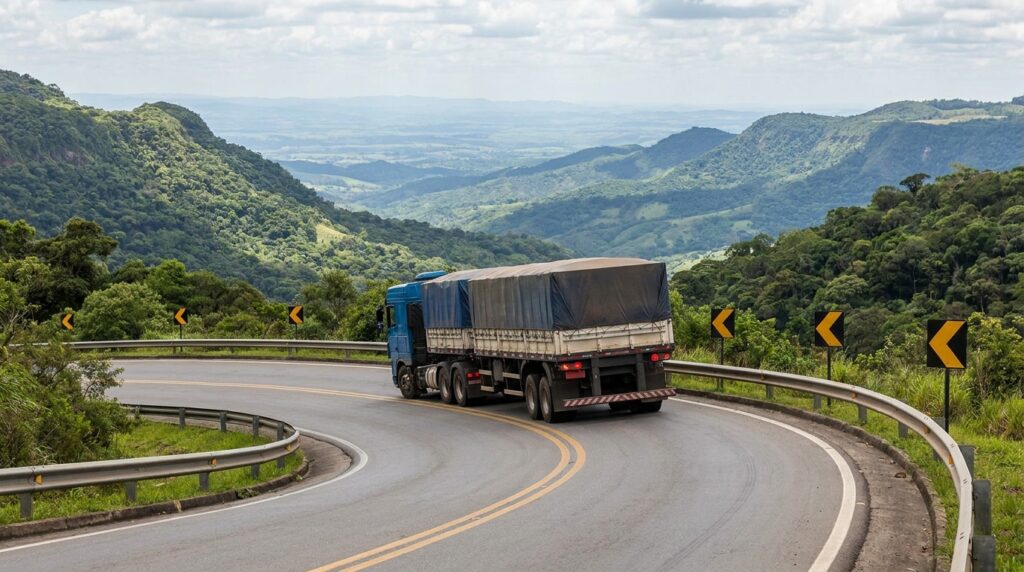 Caminhão articulado carregado descendo uma estrada sinuosa de serra, com curvas e sinalização de advertência.