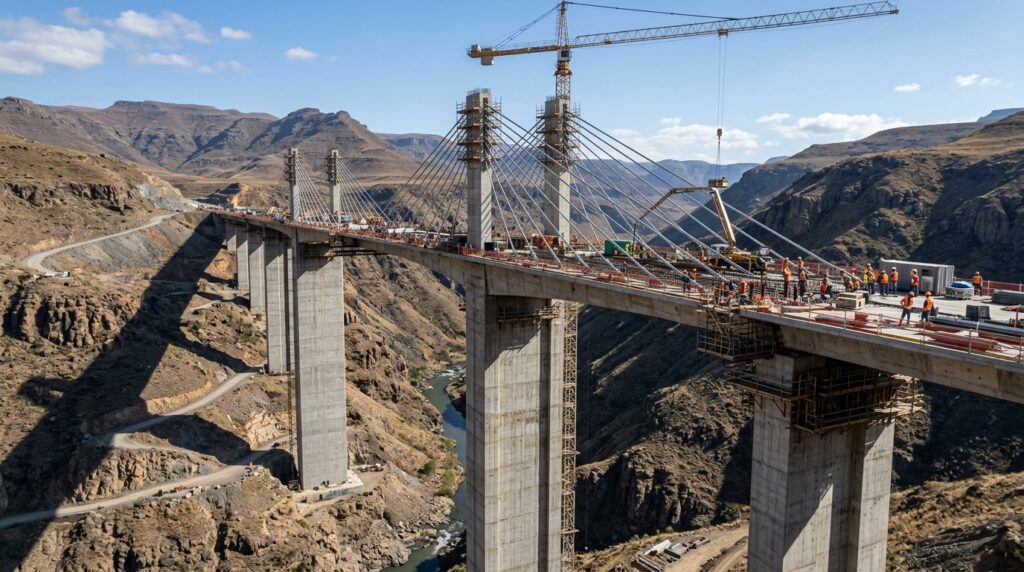 Pilares altos sustentam a Ponte Senqu acima do vale que será ocupado pelo futuro reservatório.