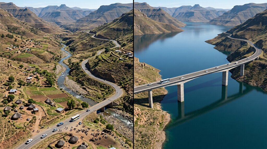 Comparação mostra estrada atual no vale e a futura área inundada com a ponte acima da água.