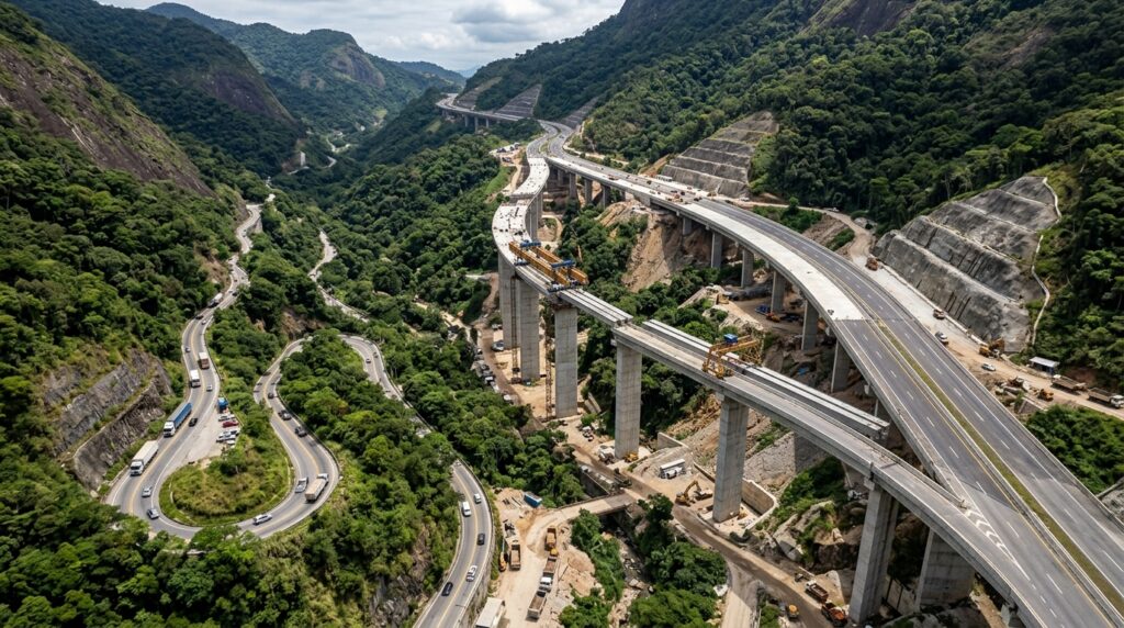 Novos viadutos e pistas mais largas estão sendo construídos na Serra das Araras ao lado da Via Dutra.