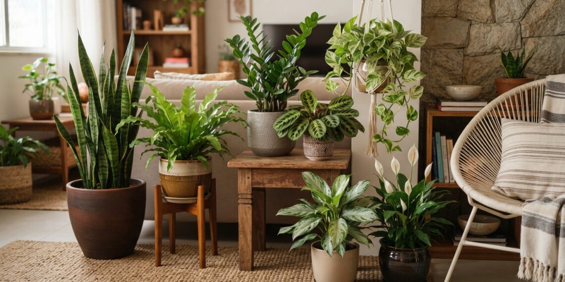 Plantas ornamentais de sombra, como zamioculca, jiboia, lírio-da-paz e maranta, decorando um canto de sala com luz indireta.