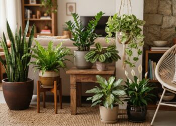 Plantas ornamentais de sombra, como zamioculca, jiboia, lírio-da-paz e maranta, decorando um canto de sala com luz indireta.