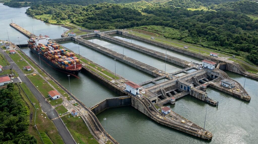 Vista aérea das bacias laterais de reutilização de água conectadas às novas eclusas do Canal do Panamá.