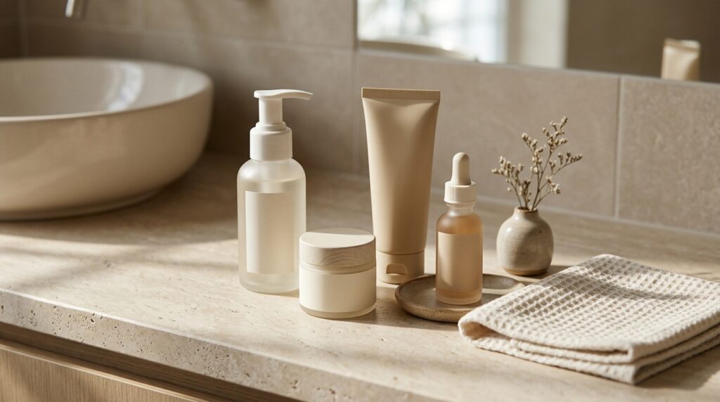 Produtos de cuidados faciais organizados sobre uma bancada, incluindo hidratante, protetor solar e esfoliante.